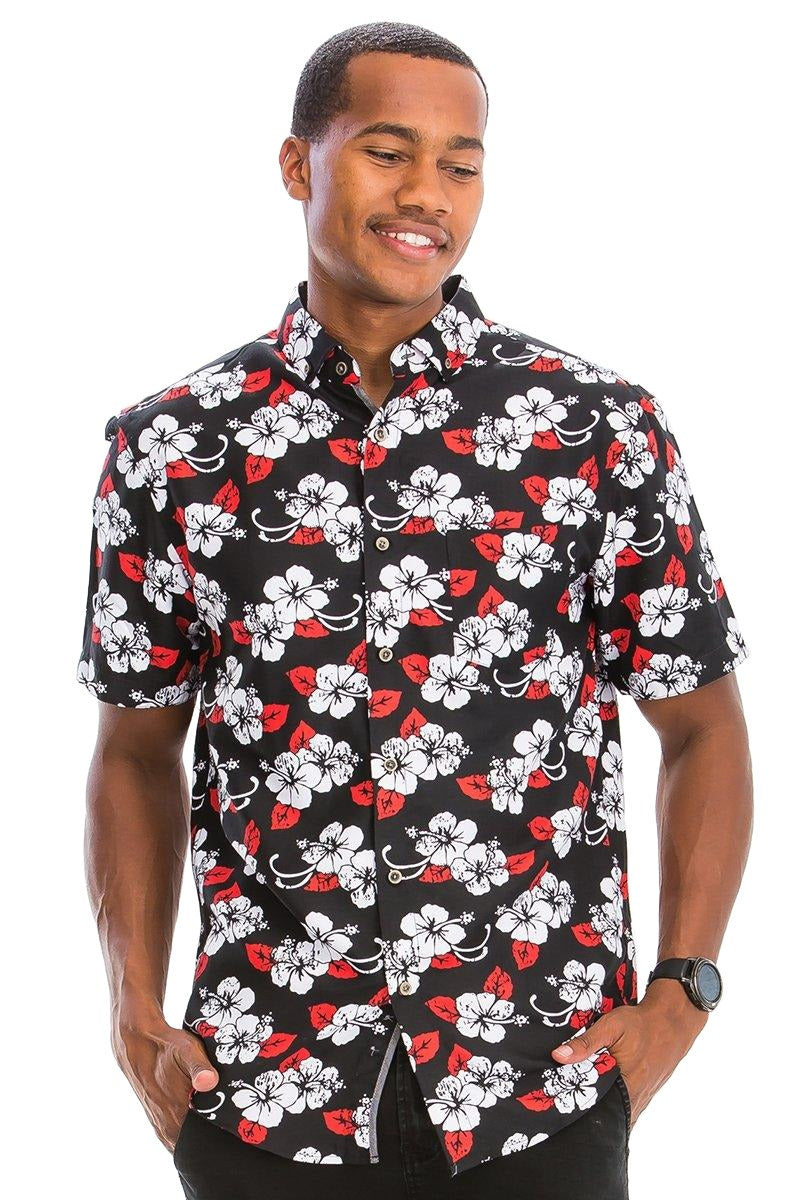 Men's Shirts Mens Black Red And White Hawaiian Button Down Shirt