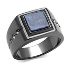 Men's black stainless steel ring featuring a blue stone center and sparkling accents