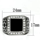 Mens black stainless steel ring with a square black center and crystal accents for a stylish look