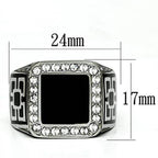 Mens black stainless steel ring with a square black center and crystal accents for a stylish look