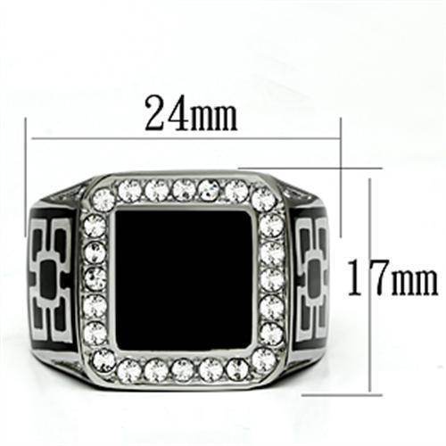 Mens black stainless steel ring with a square black center and crystal accents for a stylish look