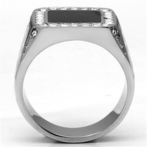 Mens Black Stainless Steel Ring with a Rectangular Stone and Decorative Detailing