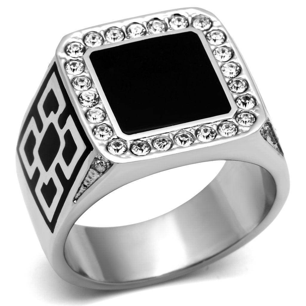 Mens black stainless steel ring with a square black center and sparkling silver border for stylish accessories