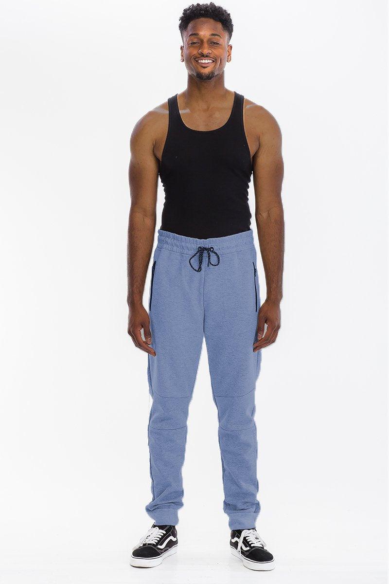 Men's Pants - Joggers Mens Blue Black Trim Heathered Cotton Sweat Pants