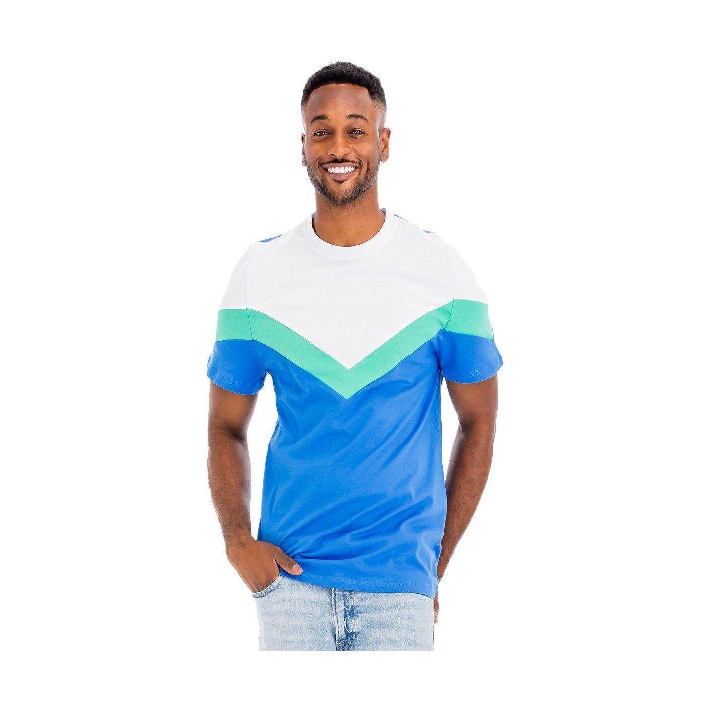 VacationGrabs Mens blue chevron shirt featuring a vibrant chevron design in blue and green