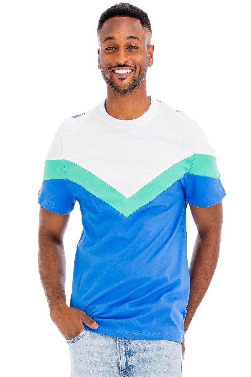 VacationGrabs Mens blue chevron shirt featuring a vibrant chevron design in blue and green