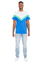 Men's blue chevron shirt with green and white accents, perfect for casual summer wear