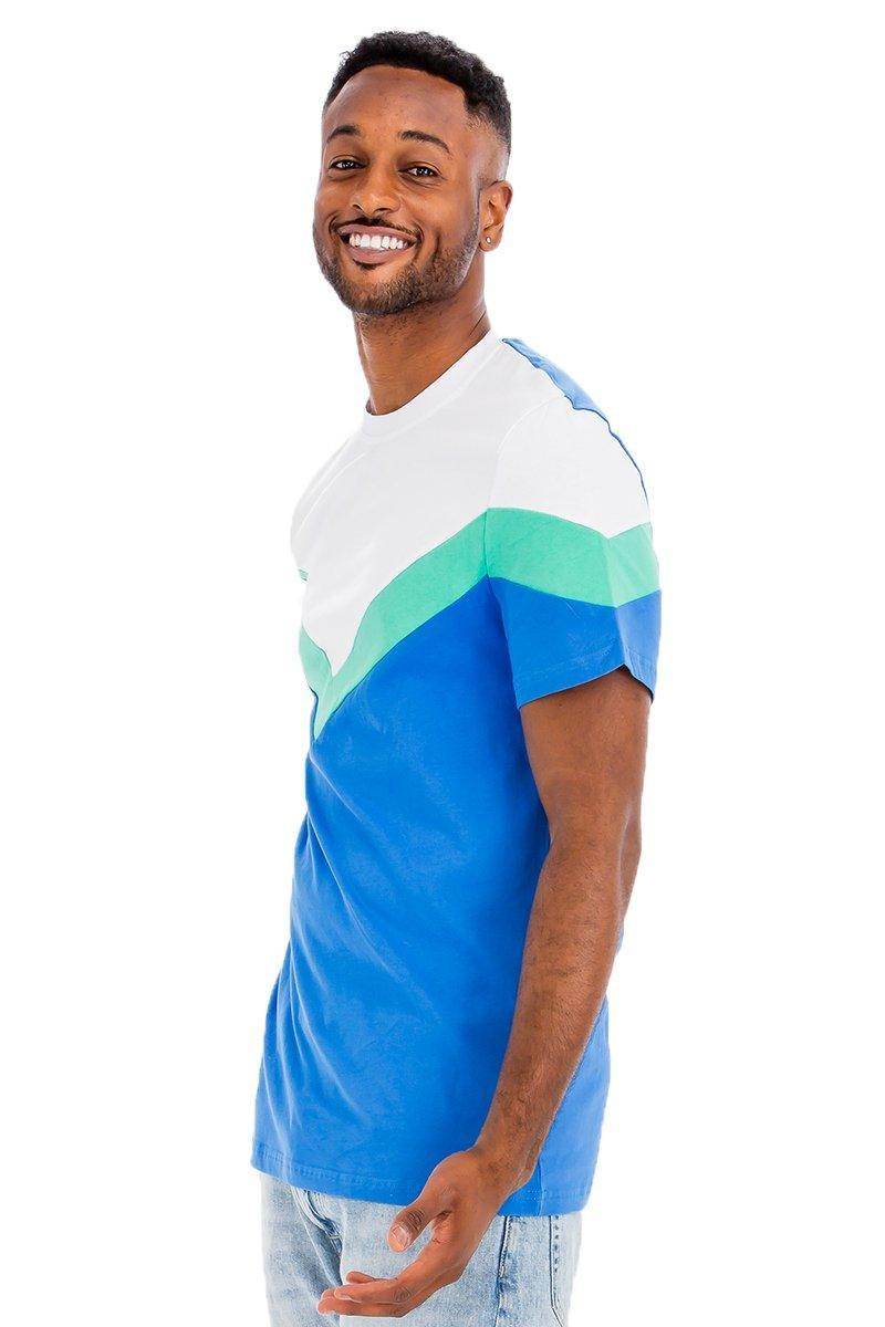 Men's blue chevron shirt with a stylish color block design, perfect for casual outings