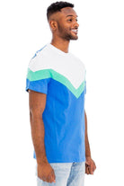 Mens blue chevron shirt featuring a stylish color block design for casual summer wear