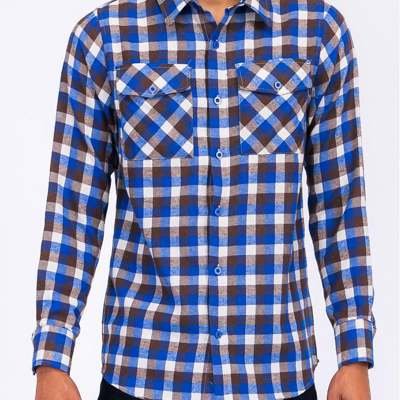 Men's Shirts - Flannels Mens Blue Multi Plaid Flannel Shirt Button Front