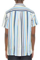 Back view of a mens blue yellow striped shirt from VacationGrabs, showcasing vibrant stripes