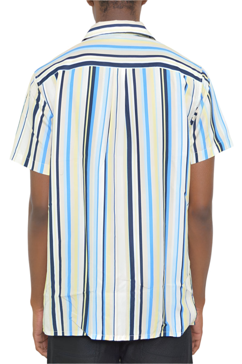 Back view of a mens blue yellow striped shirt from VacationGrabs, showcasing vibrant stripes