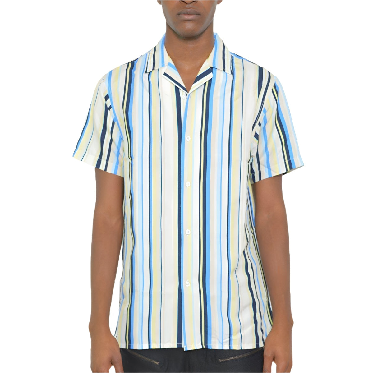 Men's blue yellow striped shirt by VacationGrabs with short sleeves and a stylish design