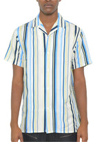 Men's blue yellow striped shirt by VacationGrabs with short sleeves and a stylish design