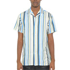 Men's blue yellow striped shirt by VacationGrabs with short sleeves and a stylish design