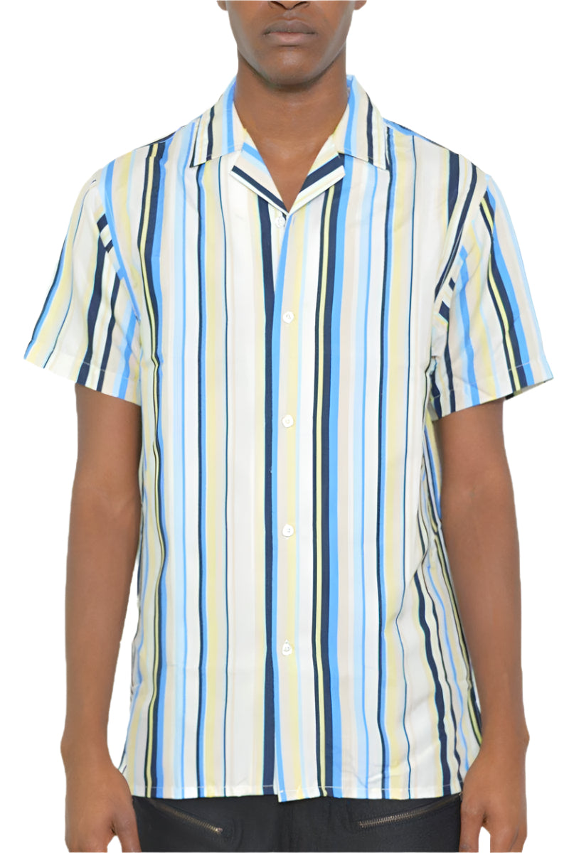 Men's blue yellow striped shirt by VacationGrabs with short sleeves and a stylish design