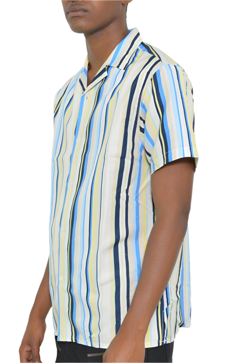 Men's blue yellow striped shirt from VacationGrabs featuring short sleeves and a relaxed fit