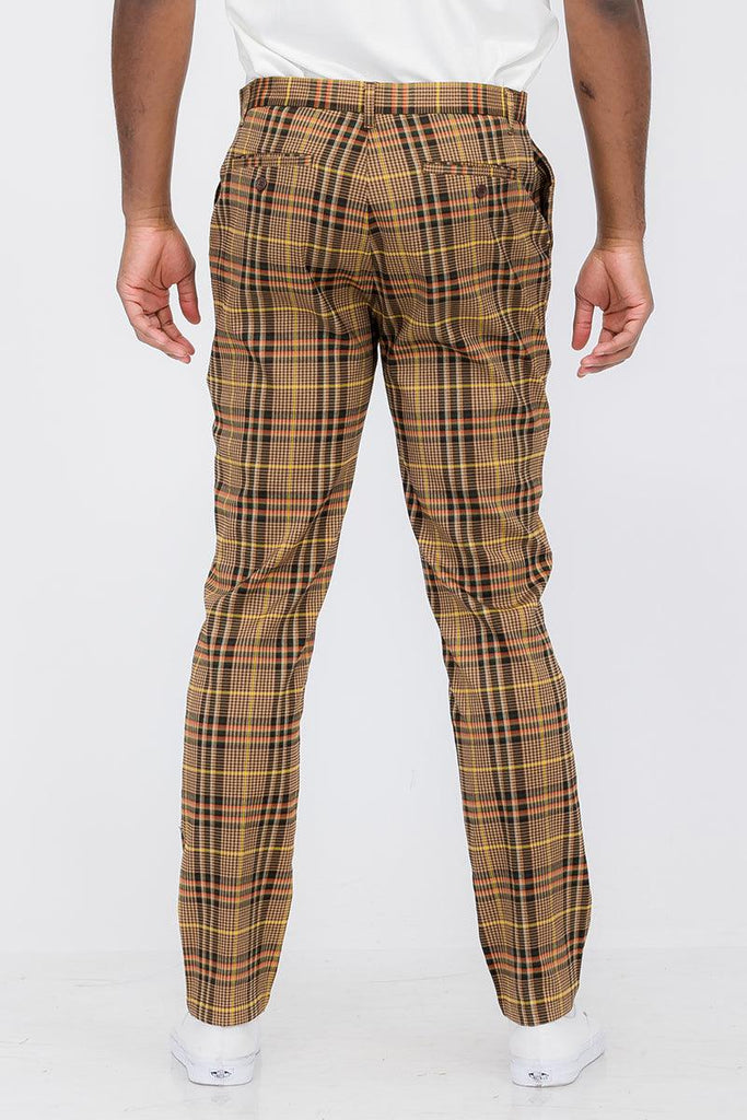 Men's Pants Mens Brown Yellow Plaid Slim Fit Trouser Pants