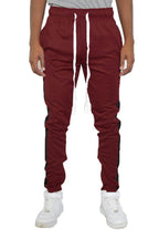 Mens Burgundy Black Track Pants with Elastic Waistband and Side Stripes for Comfortable Wear