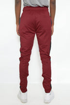 Mens Burgundy Black Track Pants with Elastic Waist and Slim Fit Design