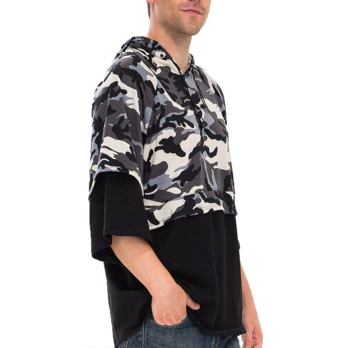 Mens camo pullover shirt featuring a stylish hood and cropped design for casual wear