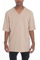 Men's Casual Vacation Top in Beige with Short Sleeves and V-Neck Design for Relaxed Fit