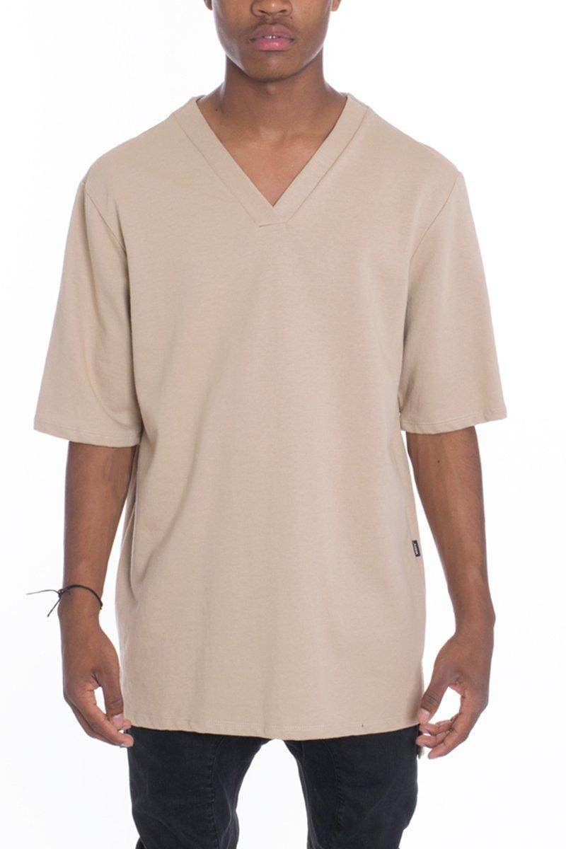 Men's Casual Vacation Top in Beige with Short Sleeves and V-Neck Design for Relaxed Fit