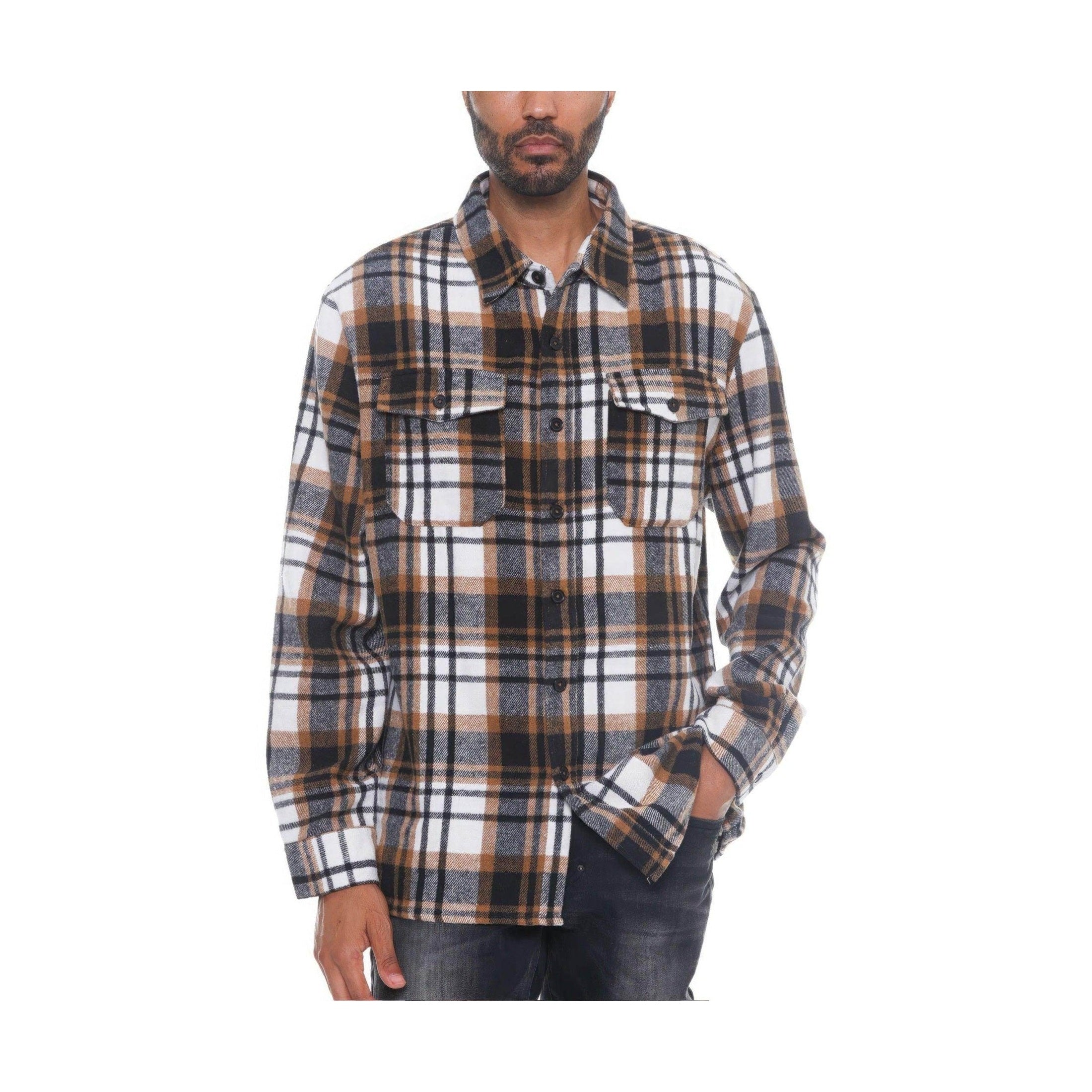 VacationGrabs mens checkered flannel shacket in brown, black, and white with chest pockets