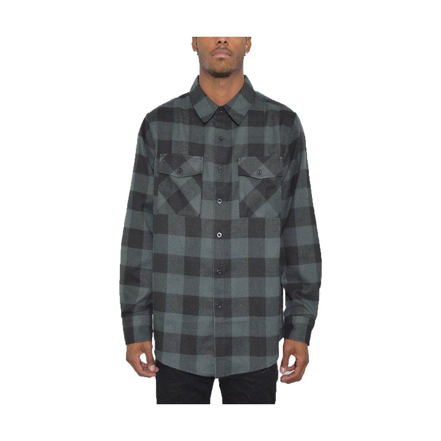 Men's checkered flannel shirt in dark green and black with button-up front and two chest pockets