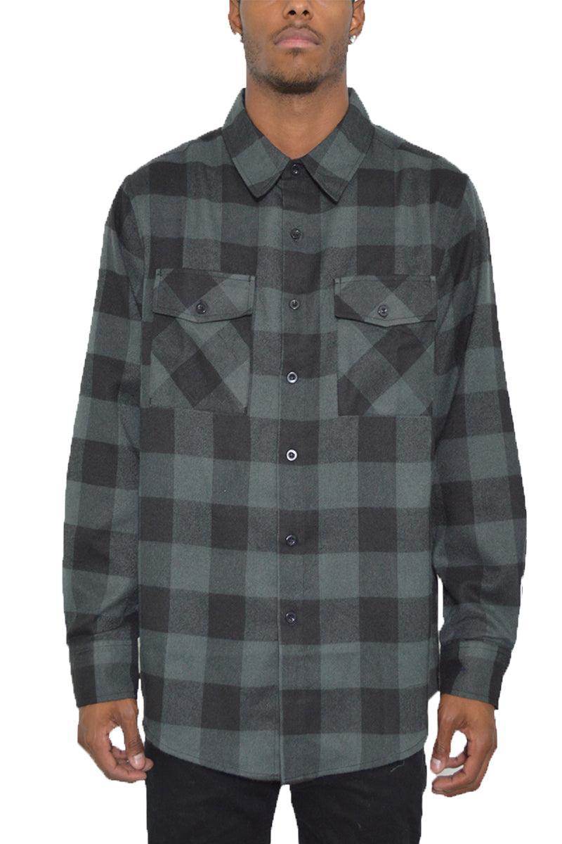 Men's checkered flannel shirt in dark green and black with button-up front and two chest pockets