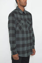 Men's checkered flannel shirt in black and gray with button-up design and two chest pockets