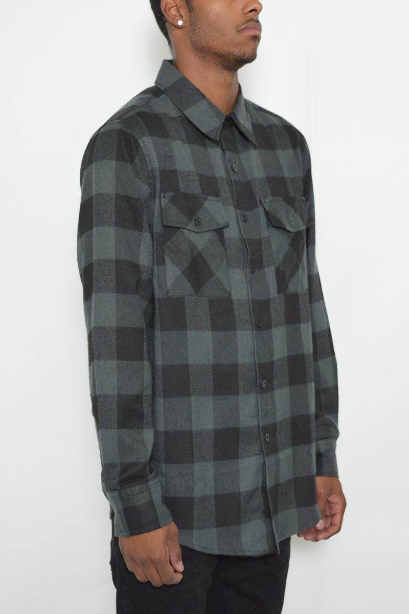 Men's checkered flannel shirt in black and gray with button-up design and two chest pockets