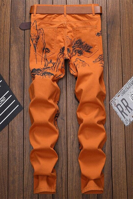 Men's Pants - Jeans Mens Chinese Ink Wash Printed Jeans Tiger Orange Slim Fit