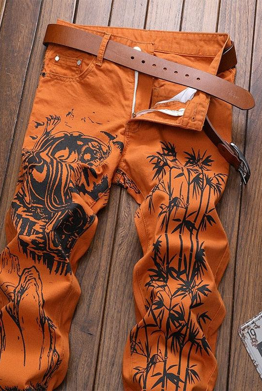 Men's Pants - Jeans Mens Chinese Ink Wash Printed Jeans Tiger Orange Slim Fit