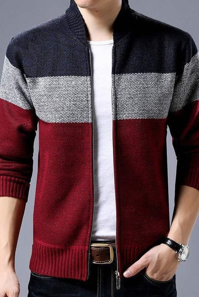Men's Sweaters Mens Color Block Zipper Cardigan Sweater Jackets Stand Collar