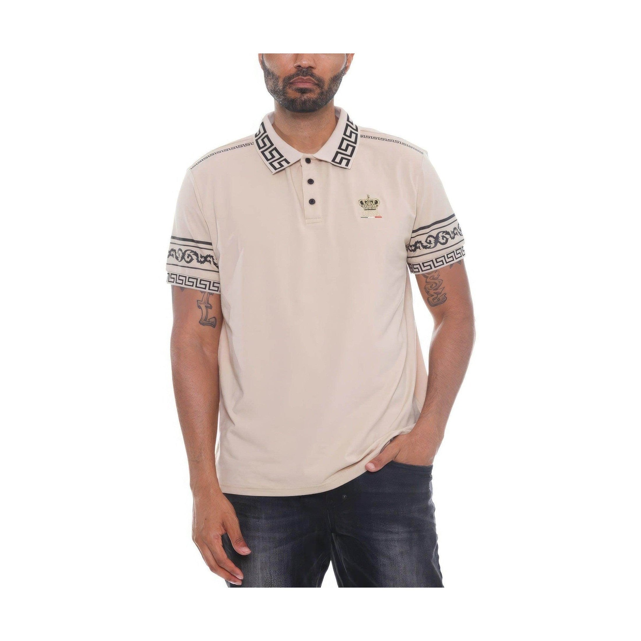 Stylish Mens Couture Polo Shirt in Beige with Unique Pattern and Crown Logo from VacationGrabs