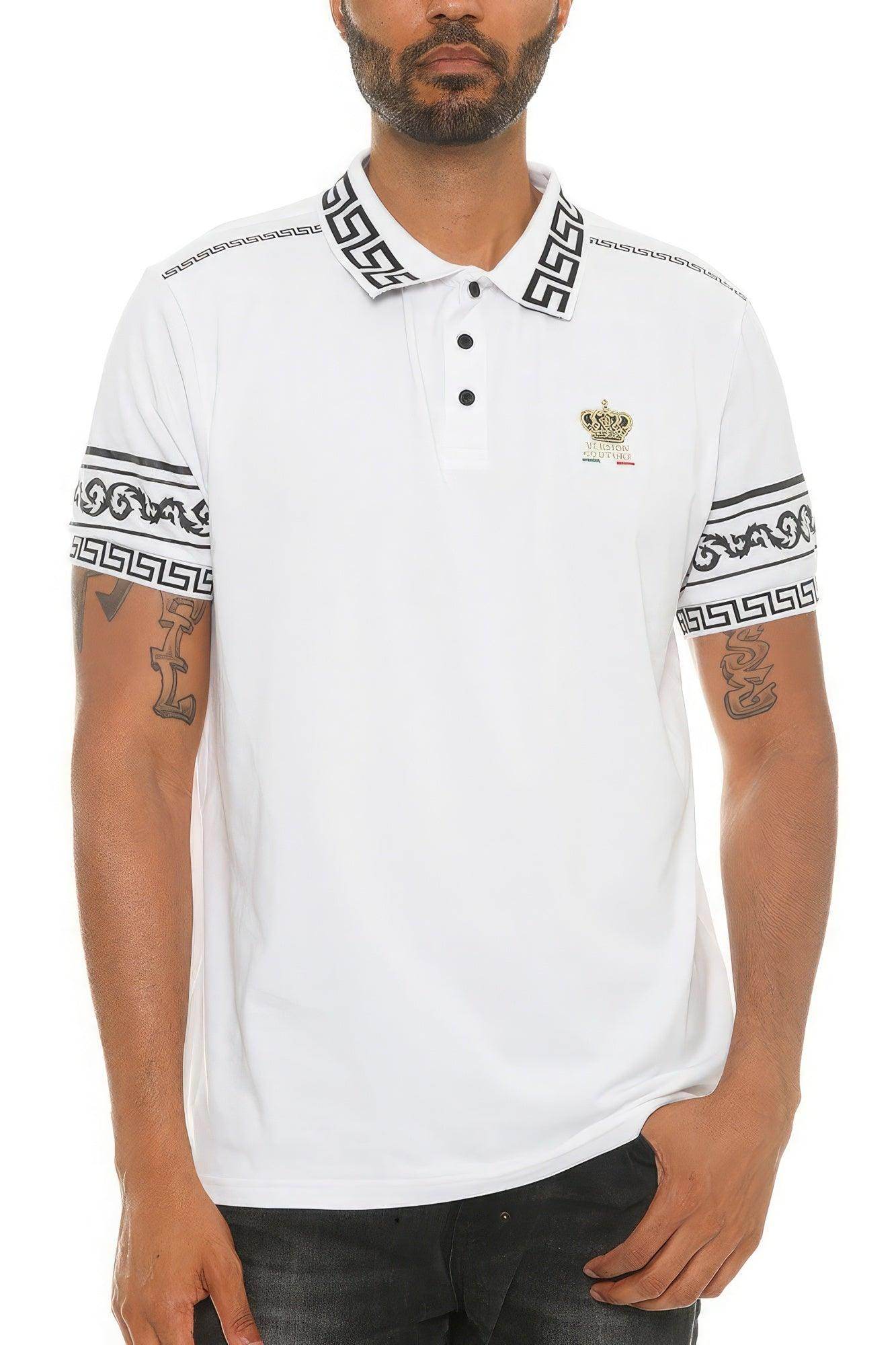 VacationGrabs mens couture polo shirt in white with black patterned sleeves and collar design