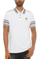 VacationGrabs mens couture polo shirt in white with black patterned sleeves and collar design