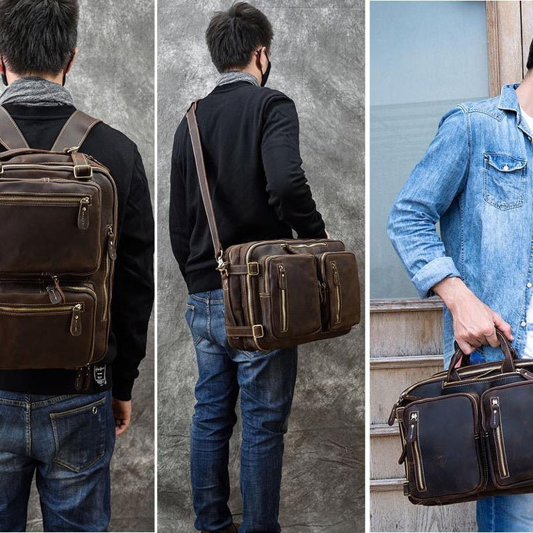 Luggage & Bags - Backpacks Mens Crazy Horse Leather Laptop Backpack Briefcase 3-In-1 Combo