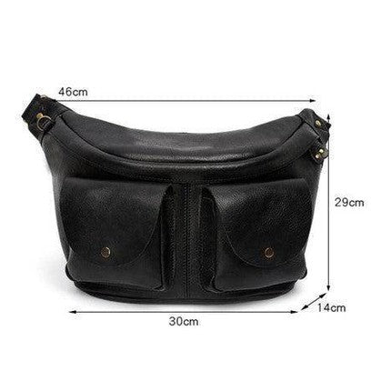 Black leather mens crossbody sling bags with two front pockets and adjustable strap for casual use