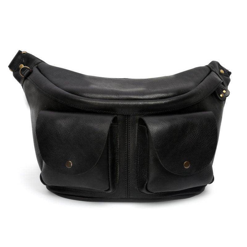VacationGrabs mens crossbody sling bags in black leather with two front pockets for convenience