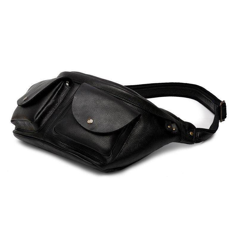 Black leather mens crossbody sling bags with multiple front pockets for convenience and style