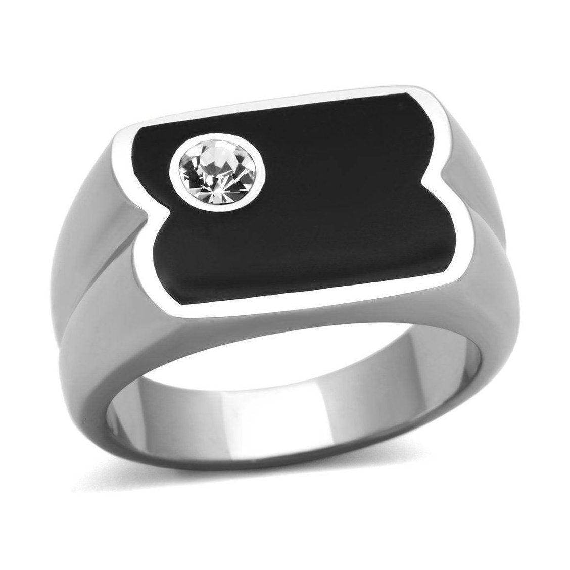 Sleek mens crystal ring with a black onyx stone and a sparkling crystal accent for stylish looks