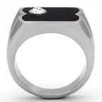 Mens crystal ring with sleek silver finish and a large central diamond on a black base