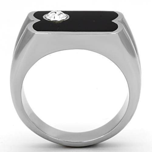 Mens crystal ring with sleek silver finish and a large central diamond on a black base