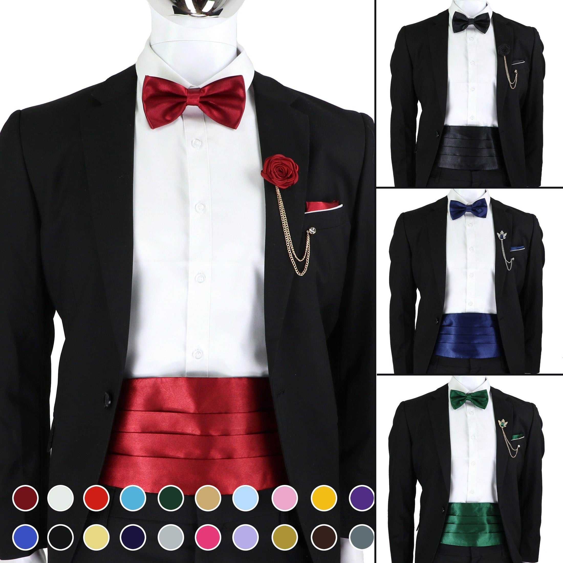Stylish mens cummerbund bow tie set in various colors for formal occasions and events