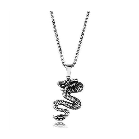 Men's dragon pendant necklace in silver with intricate detailing on the dragon charm