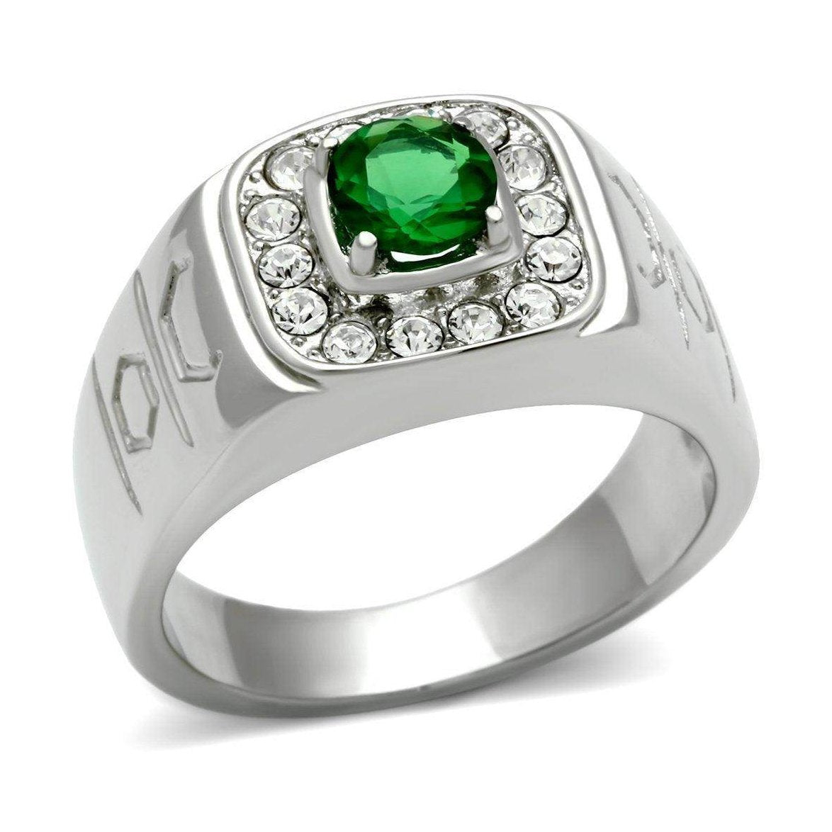Mens Emerald Green Stainless Steel Synthetic Glass Rings - VacationGrabs