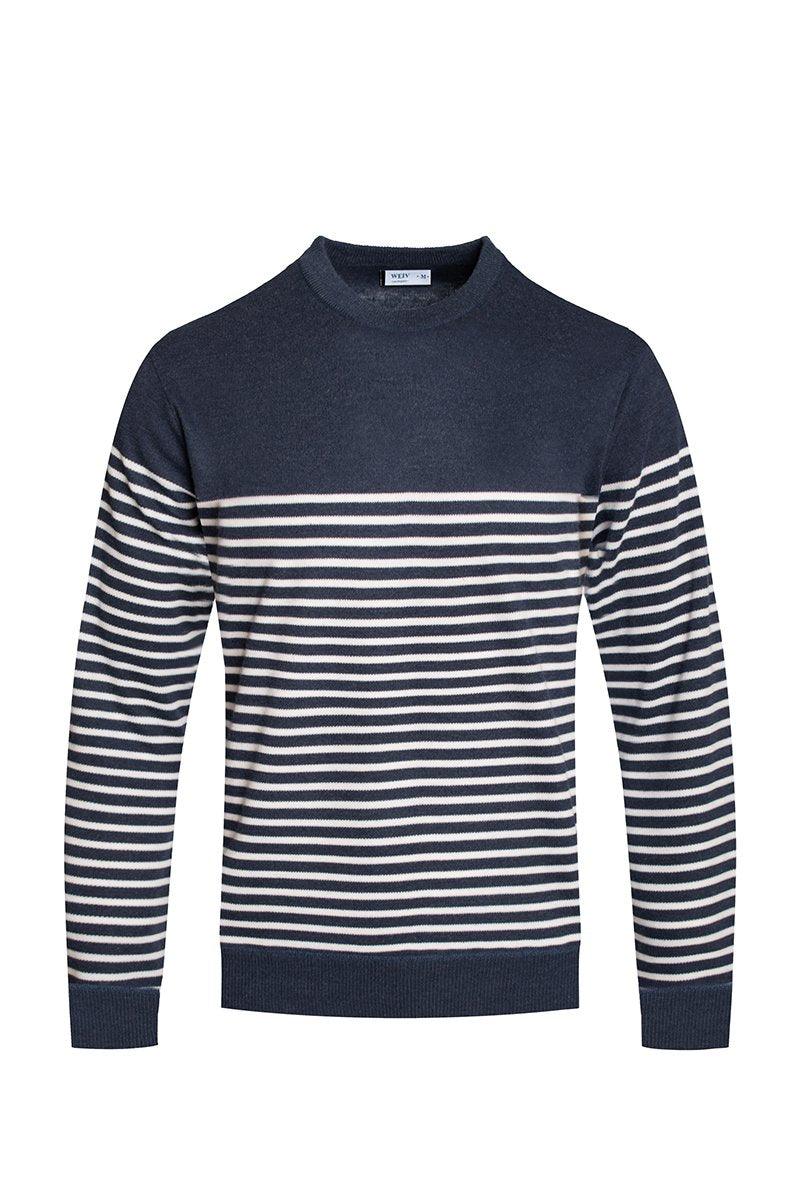 Men's Sweaters Mens Full Knit Pullover Sweater Navy Blue Striped