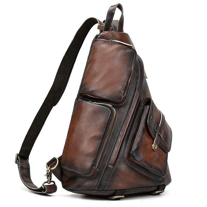 Mens Genuine Leather Single Shoulder Backpack Anti Theft